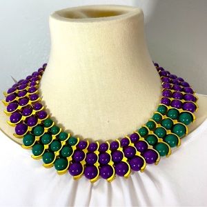 IMAN Purple Green Beaded Rhinestone Gold Tone Statement Collar Necklace NWT